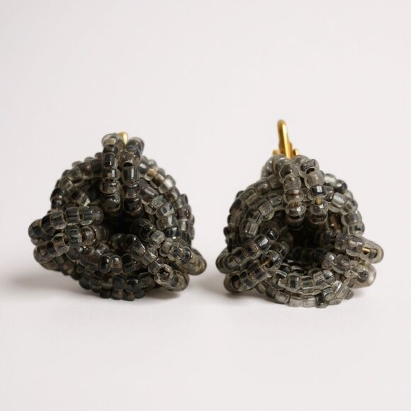 Vintage Beaded Knot Cluster Earrings Silver Grey Gold Tone Clip - Picture 1 of 6